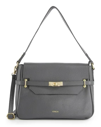 Geanta messenger din piele naturala  gri, 31x22x12cm, cu 3 buzunare interioare, curea detasabila max 117cm