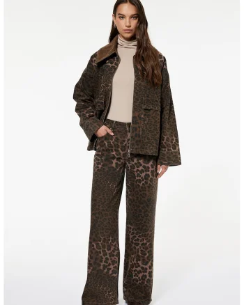 Pantaloni cu animal print si talie inalta, Maro inchis