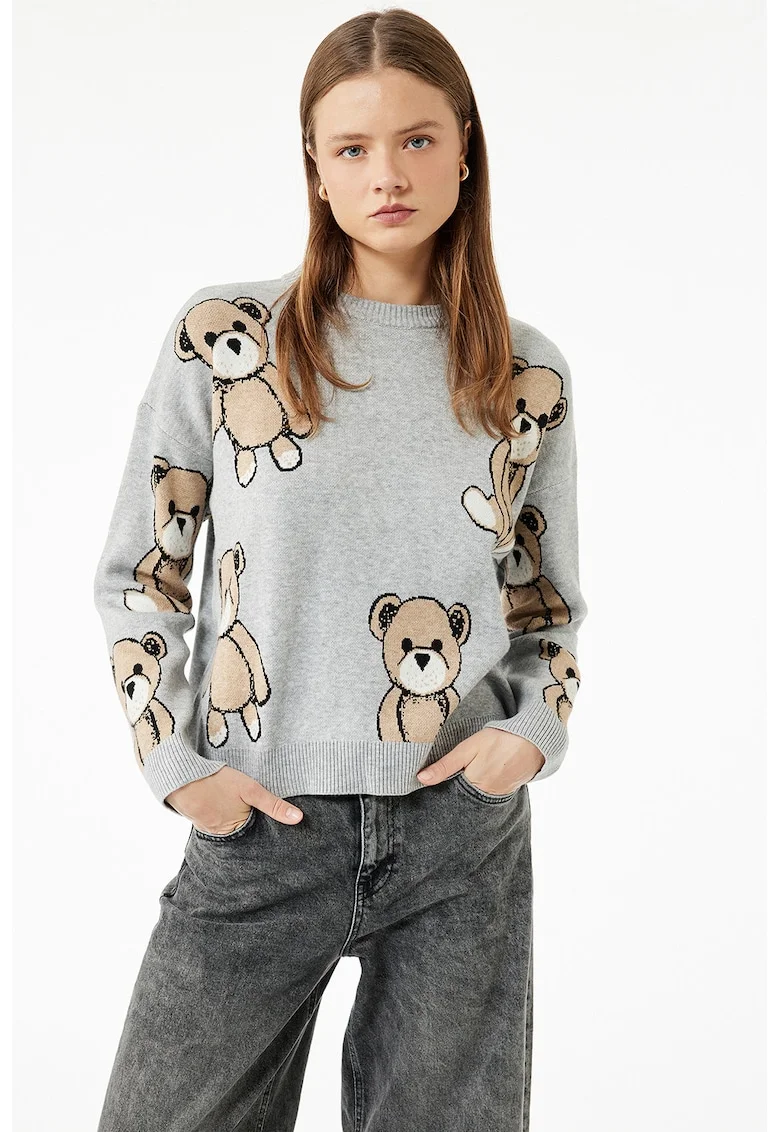 Pulover tricotat cu imprimeu grafic, Gri melange