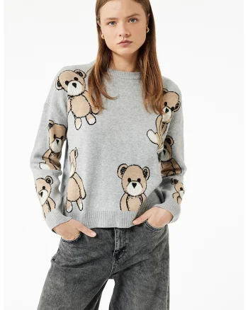 Pulover tricotat cu imprimeu grafic, Gri melange