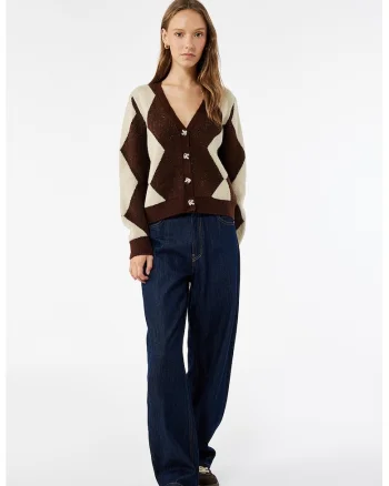 Cardigan lejer cu model geometric, Maro inchis/Bej