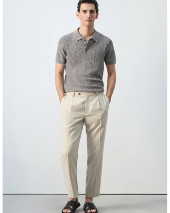 Pantaloni din amestec de modal cu pensa, Crem
