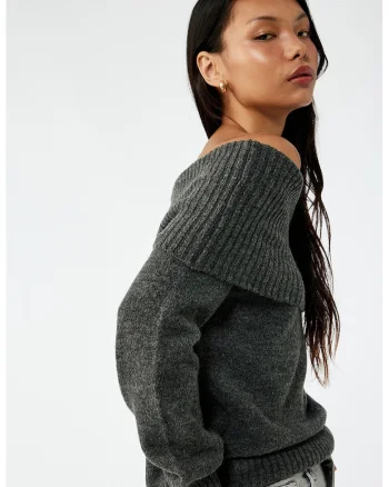 Pulover regular-fit cu decolteu pe umeri, Gri inchis melange