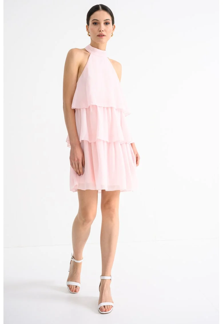 Rochie halter stratificata, Roz pastel