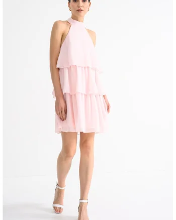 Rochie halter stratificata, Roz pastel