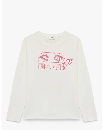 Bluza cu imprimeu grafic, Alb fildes/Roz