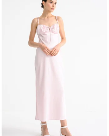 Rochie midi satinara cu bretele elastice, Roz pastel