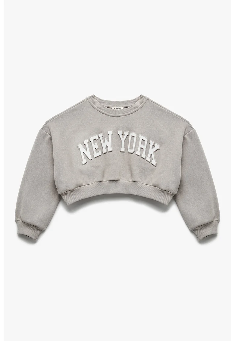 Bluza crop de trening cu imprimeu text, Alb/Gri cenusiu