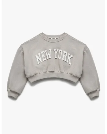 Bluza crop de trening cu imprimeu text, Alb/Gri cenusiu