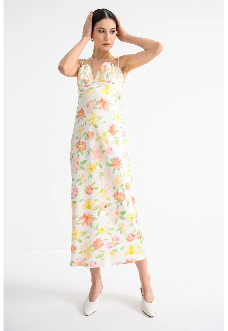 Rochie midi satinara cu bretele elastice, Multicolor