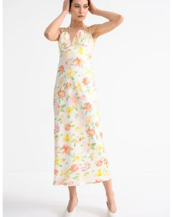 Rochie midi satinara cu bretele elastice, Multicolor
