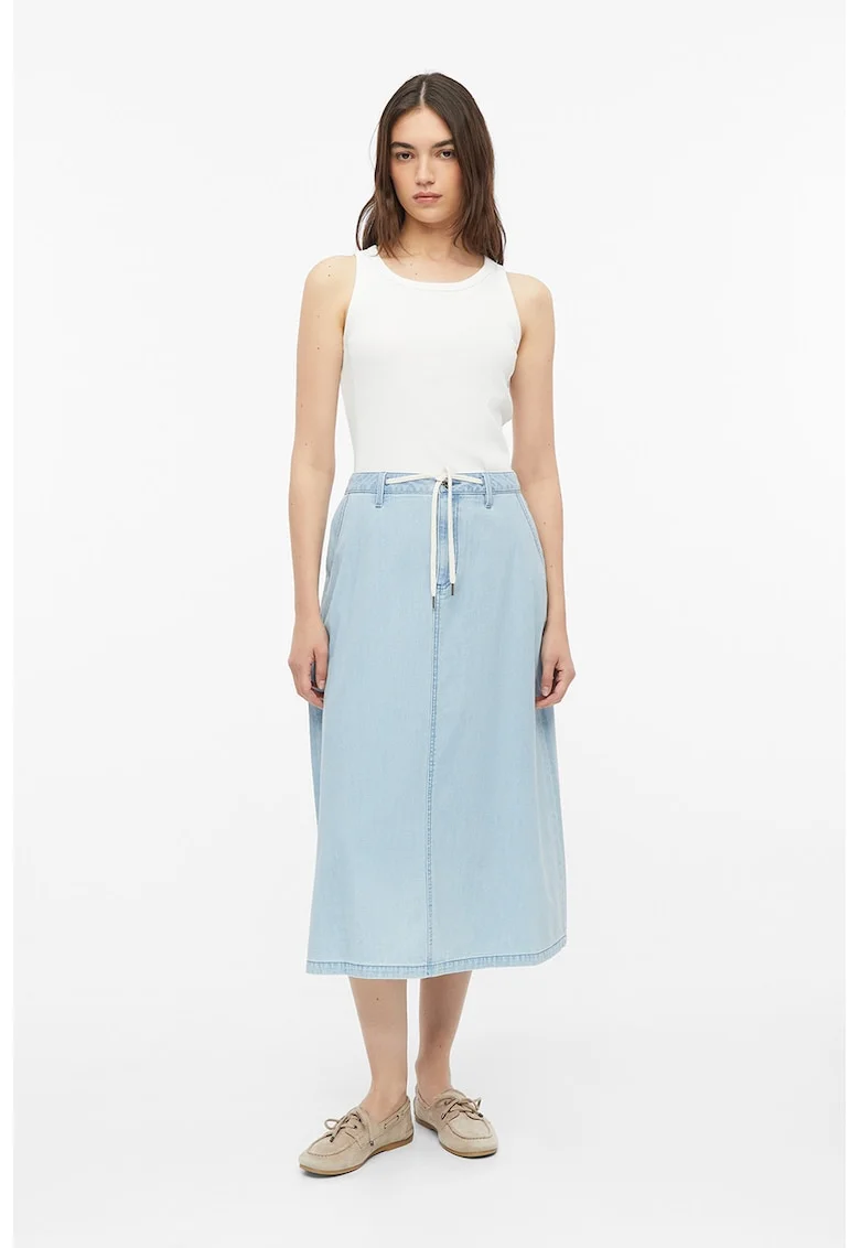 Fusta midi din denim cu snur in talie, Albastru pastel