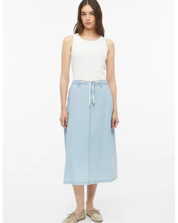 Fusta midi din denim cu snur in talie, Albastru pastel
