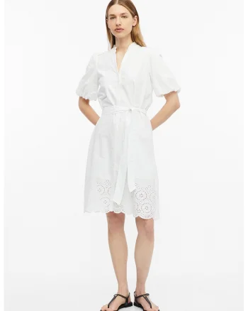 Rochie-camasa cu broderie si maneci bufante, Alb optic