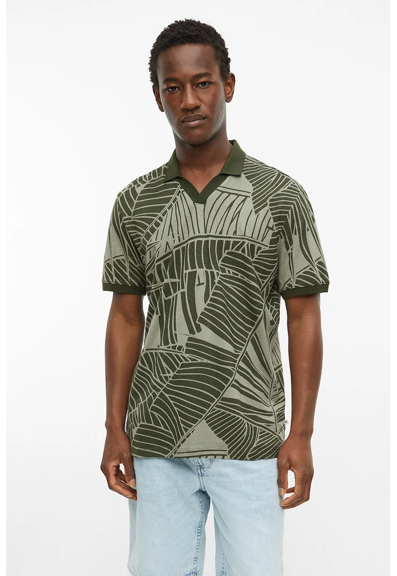 Tricou polo din amestec de in cu croiala slim-fit, Verde stins