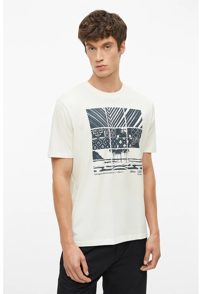 Tricou cu decolteu la baza gatului si imprimeu grafic, Alb murdar