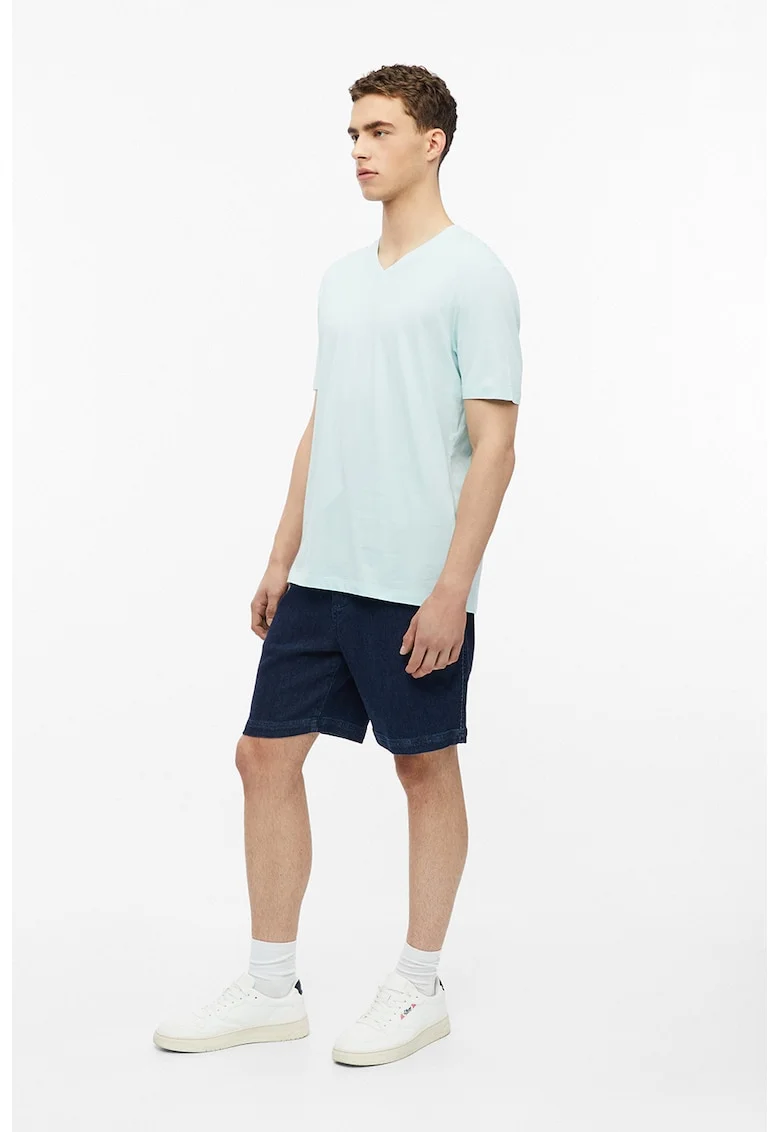 Tricou de bumbac cu decolteu in V, Albastru azur