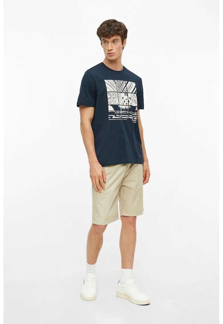 Tricou cu decolteu la baza gatului si imprimeu grafic, Alb murdar/Bleumarin