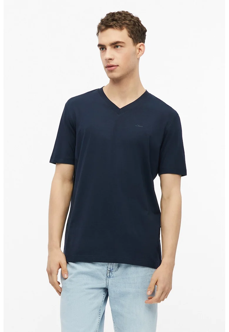 Tricou de bumbac cu decolteu in V, Albastru inchis