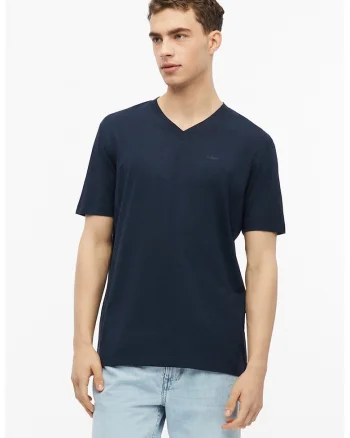 Tricou de bumbac cu decolteu in V, Albastru inchis