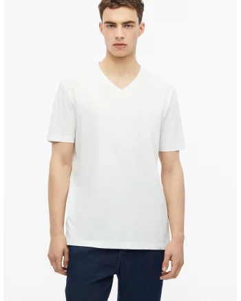 Tricou de bumbac cu decolteu in V, Alb murdar