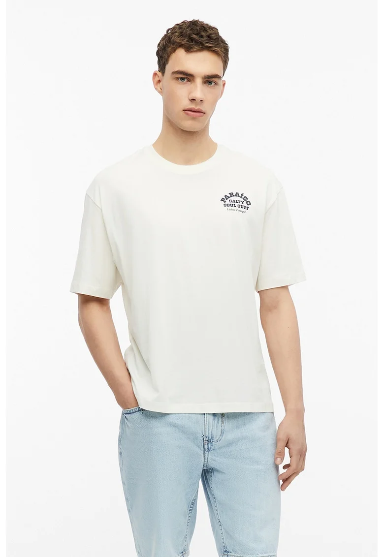 Tricou cu decolteu la baza gatului si imprimeu pe spate, Alb murdar