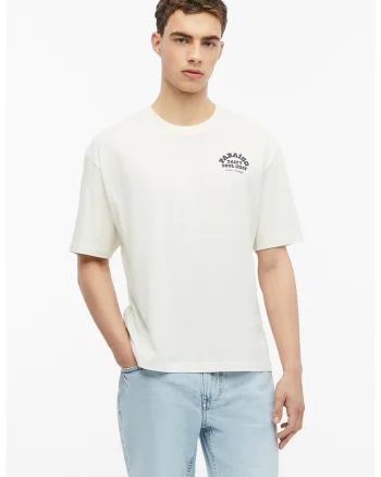 Tricou cu decolteu la baza gatului si imprimeu pe spate, Alb murdar