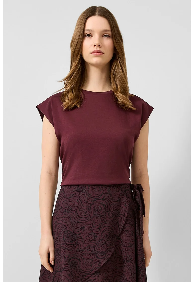 Tricou de bumbac cu decolteu la baza gatului, Violet pruna
