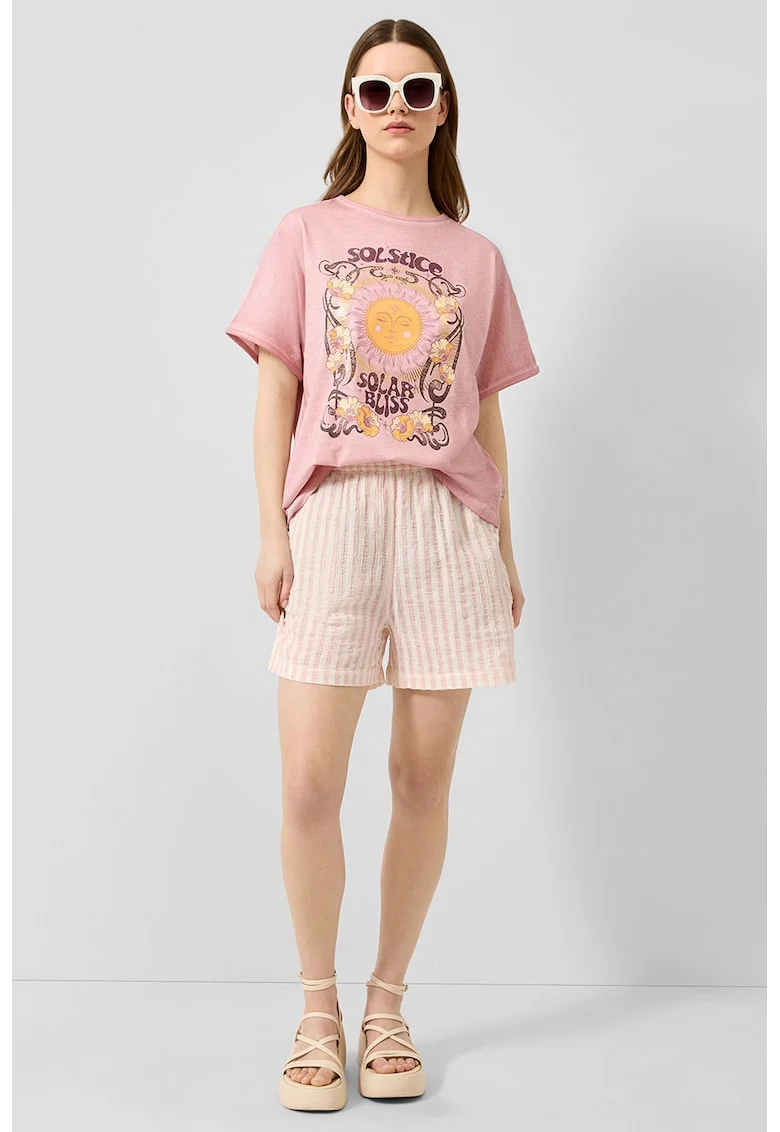 Tricou de bumbac cu imprimeu grafic si text, Roz deschis