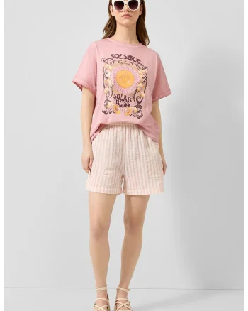 Tricou de bumbac cu imprimeu grafic si text, Roz deschis