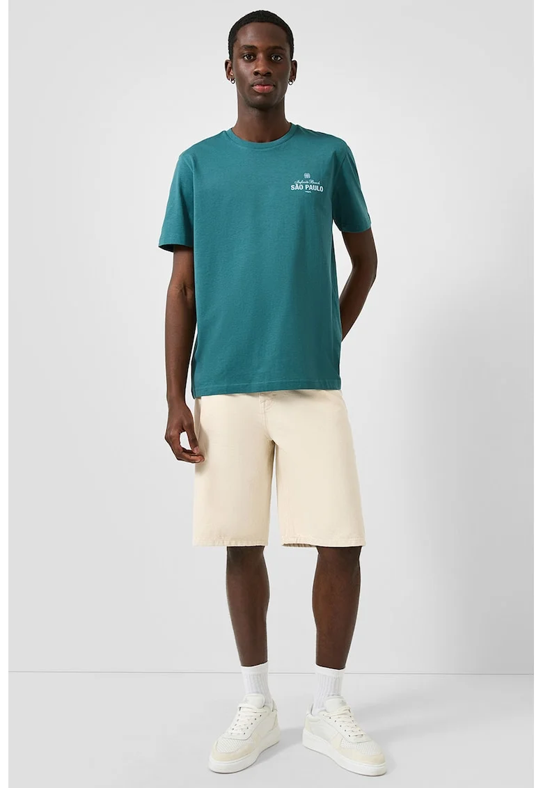 Tricou de bumbac cu decolteu la baza gatului, Turcoaz