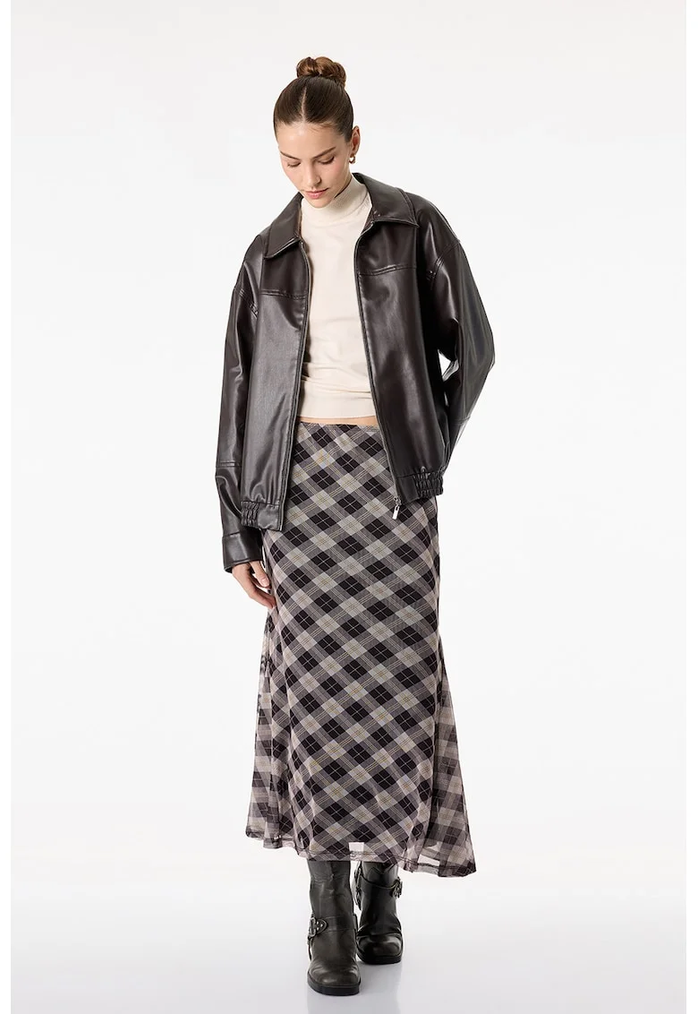 Fusta midi cu model in carouri, Maro inchis/Negru