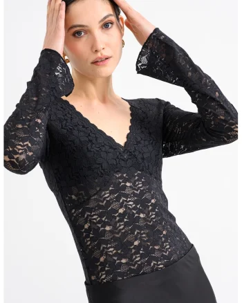 Bluza slim fit cu decolteu in V, Negru