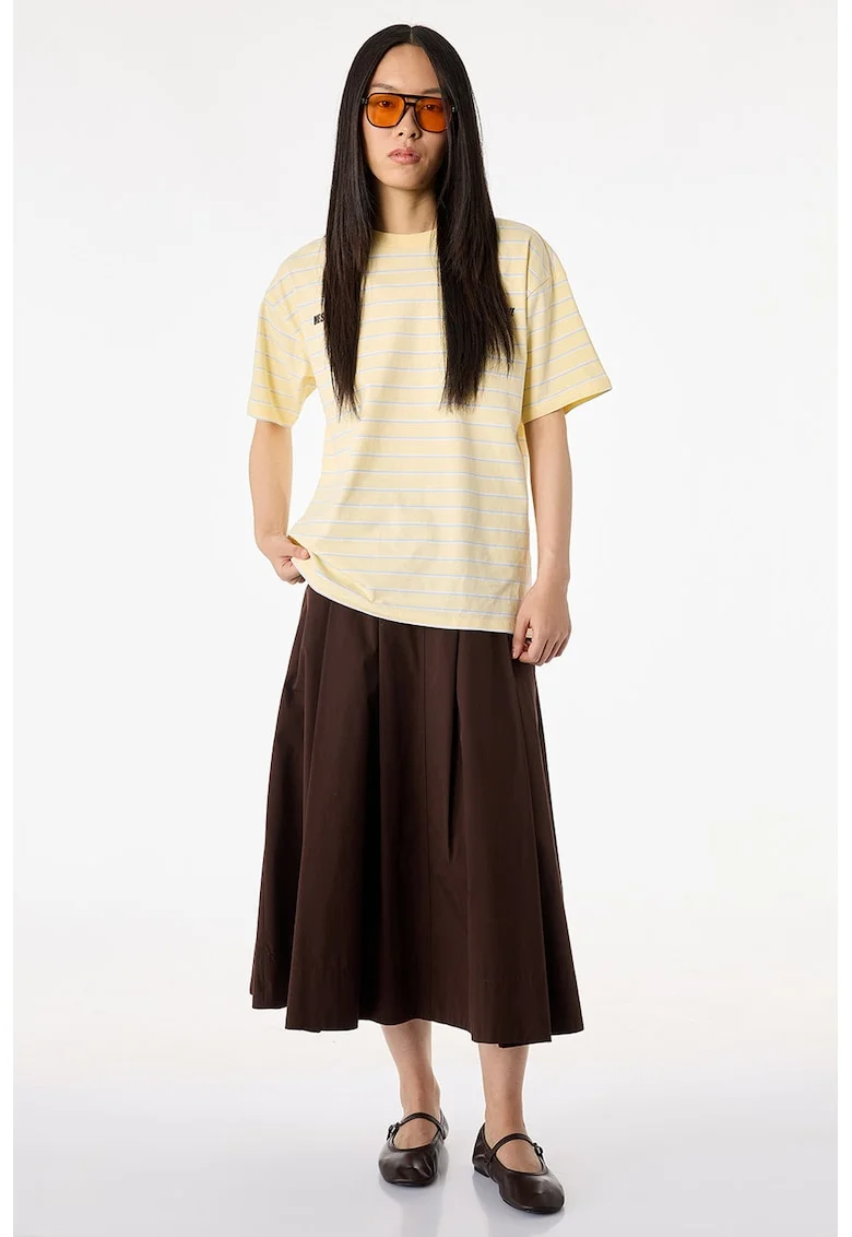Tricou cu model in dungi si imprimeu text contrastant, Galben deschis
