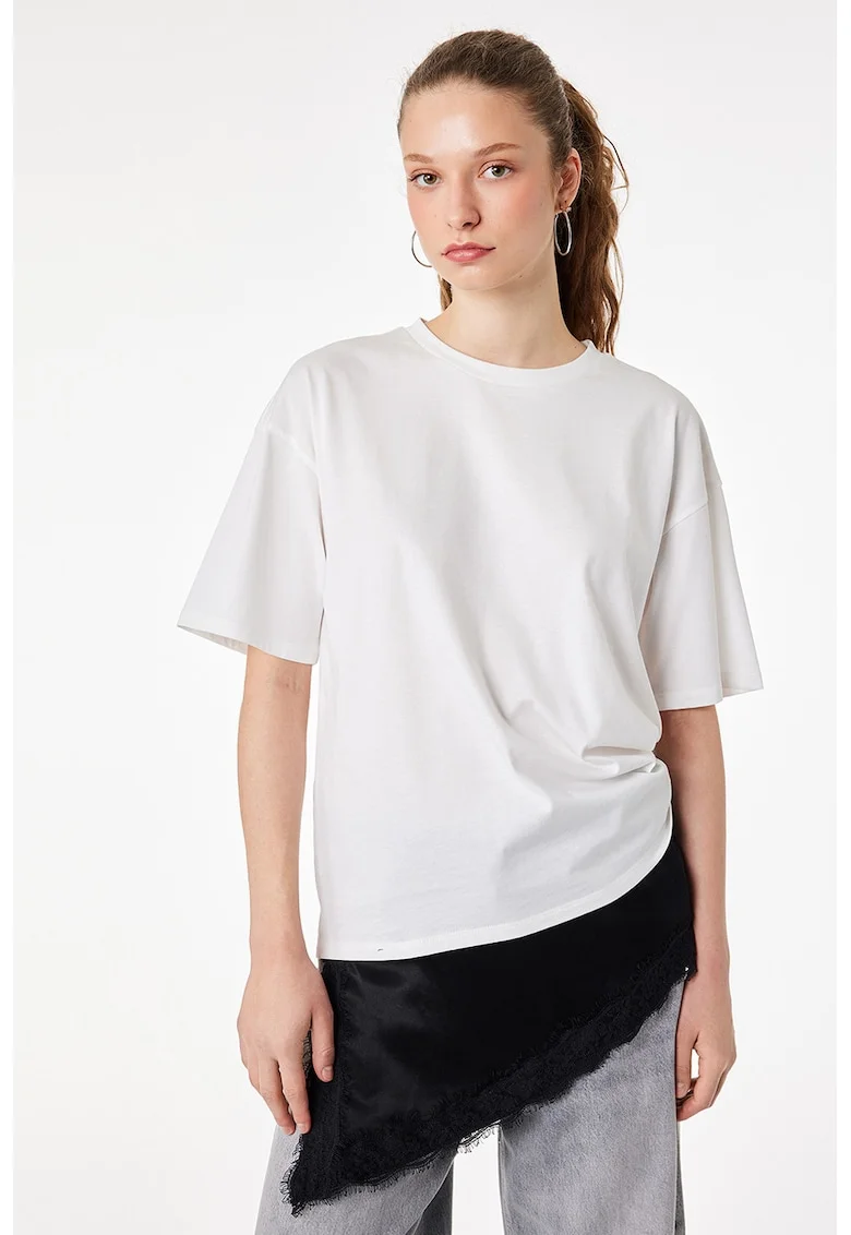 Tricou din bumbac cu aplicatii cu paiete, Alb