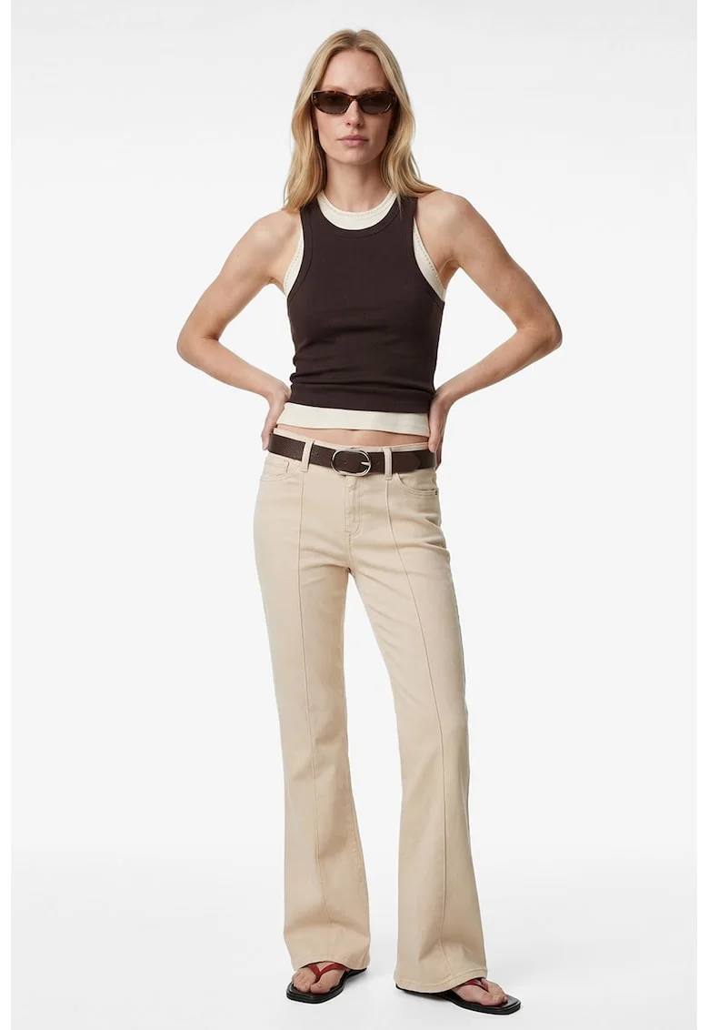 Blugi cu croiala bootcut, talie medie si cusaturi decorative, Crem