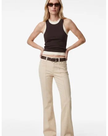 Blugi cu croiala bootcut, talie medie si cusaturi decorative, Crem