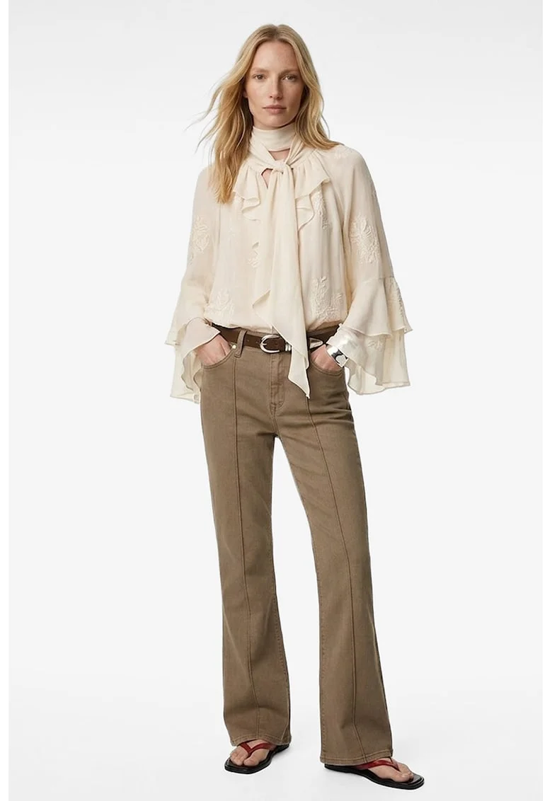 Blugi cu croiala bootcut, talie medie si cusaturi decorative, Maro camel