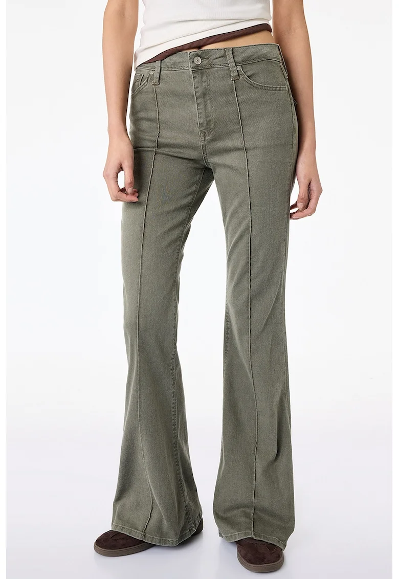 Blugi cu croiala bootcut, talie medie si cusaturi decorative, Kaki