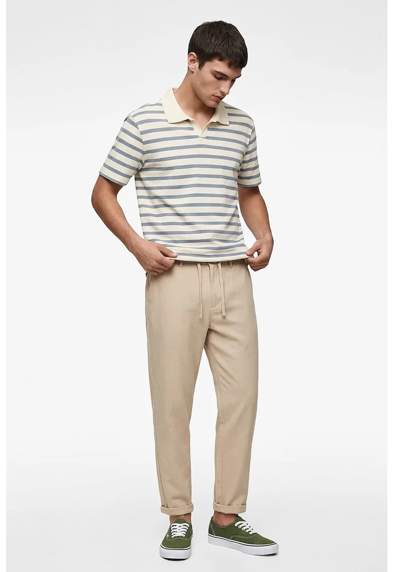 Tricou cu model in dungi si guler polo, Albastru prafuit/Crem