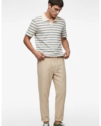 Tricou cu model in dungi si guler polo, Albastru prafuit/Crem