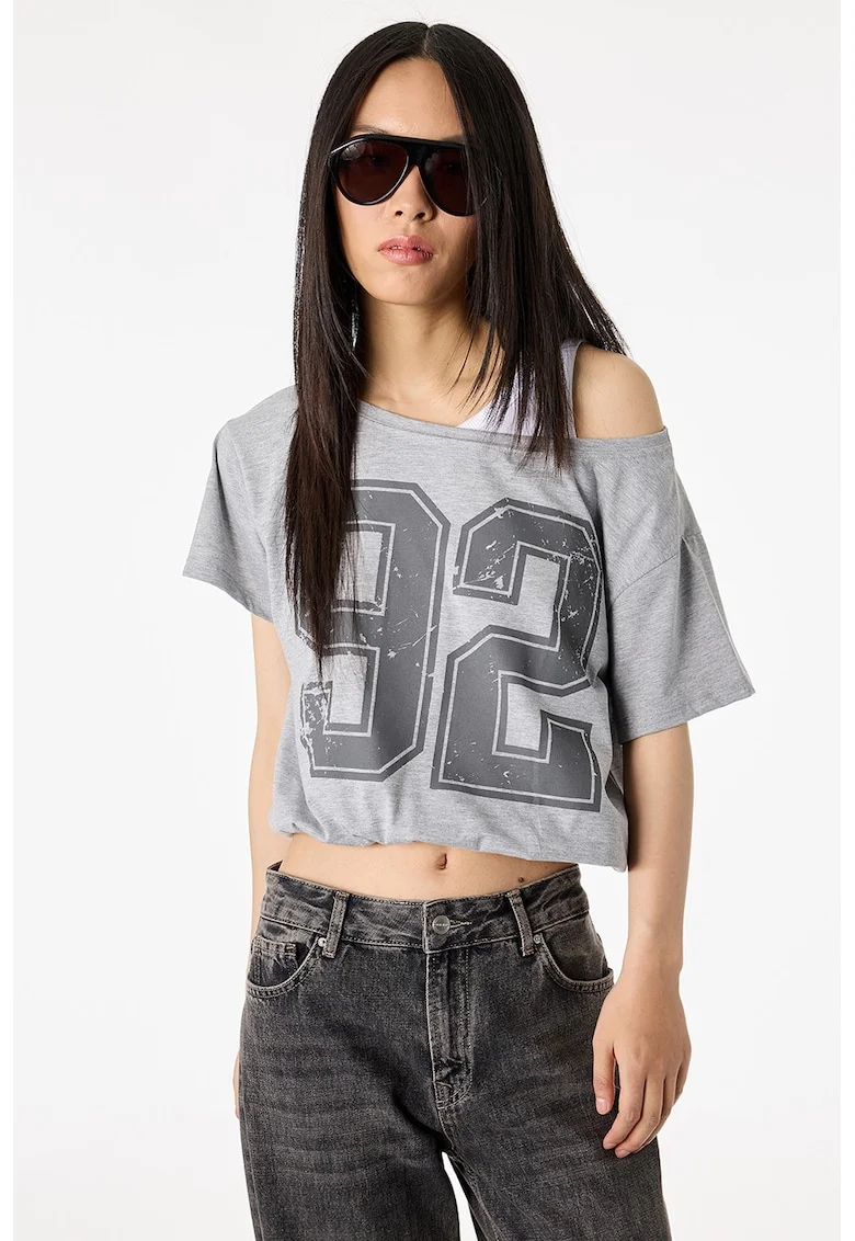 Tricou crop cu model 2in1, Gri deschis melange