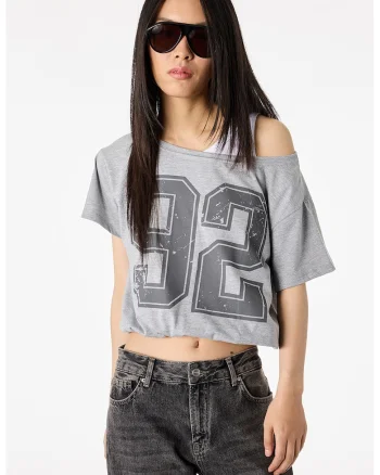 Tricou crop cu model 2in1, Gri deschis melange