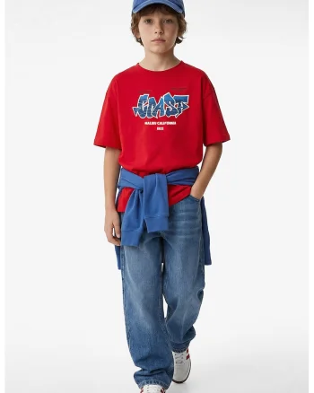 Tricou de bumbac cu imprimeu text, Rosu