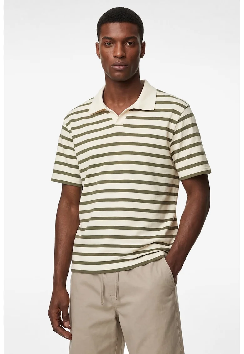 Tricou cu model in dungi si guler polo, Kaki inchis/Crem