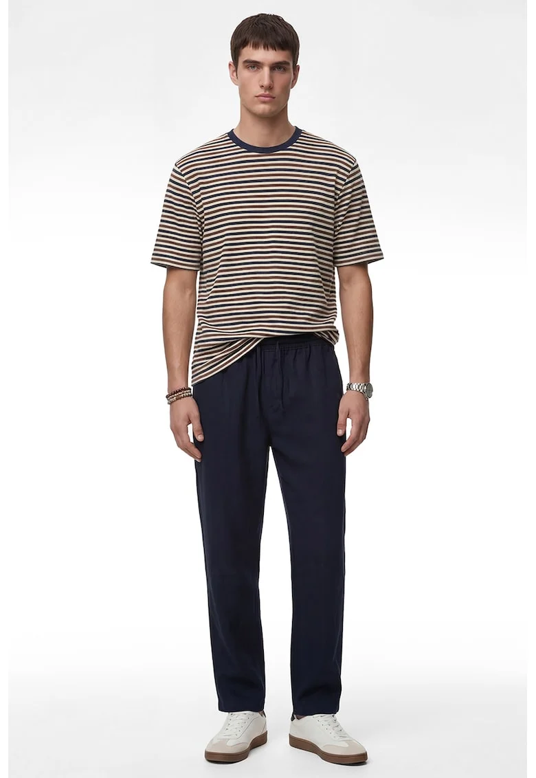 Tricou cu decolteu la baza gatului si model in dungi, Maro/Crem/Bleumarin