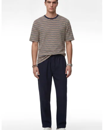 Tricou cu decolteu la baza gatului si model in dungi, Maro/Crem/Bleumarin