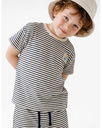 Tricou cu decolteu la baza gatului si model in dungi, Crem/Bleumarin