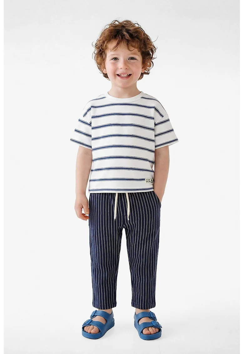 Tricou din amestec de bumbac cu model in dungi, Alb/Albastru inchis