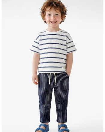 Tricou din amestec de bumbac cu model in dungi, Alb/Albastru inchis